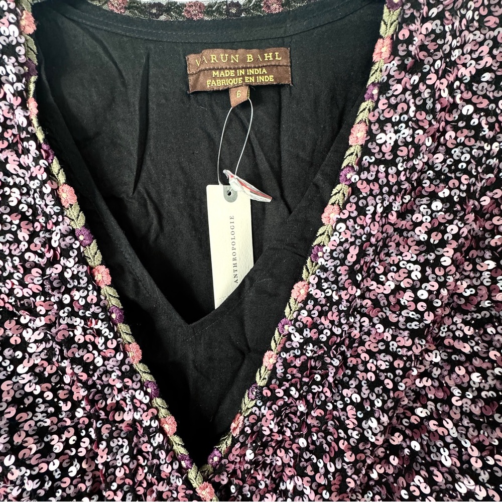 Anthropologie Varun Bahl Purple Pink Sequin Wrap Dress 3/4 Sleeve NWT Size 6 - Picture 7 of 10